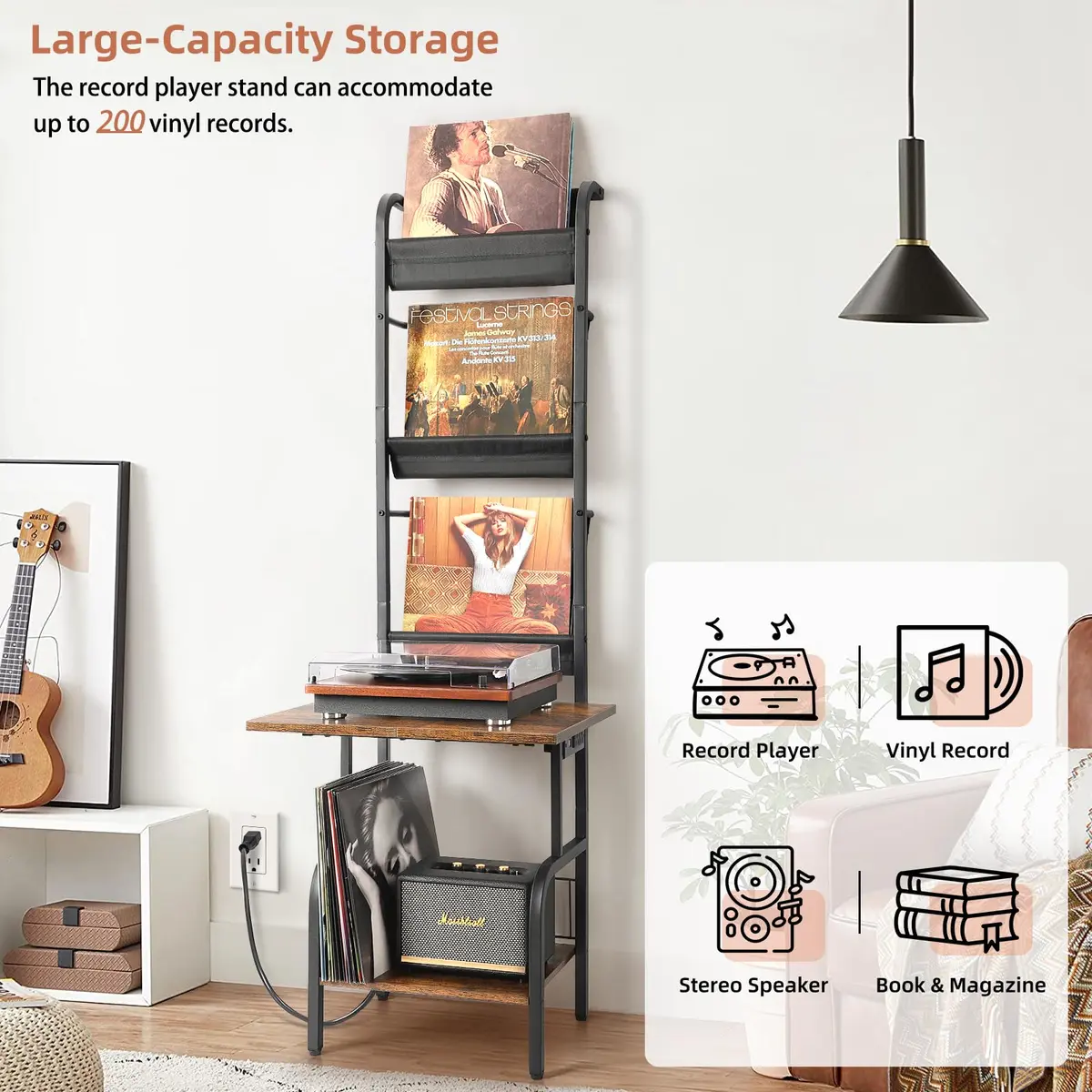 Tewinko Record Player Stand with Vinyl Storage | Vertical Design, Large Countertop, Holds Up to 200 Albums - view 2