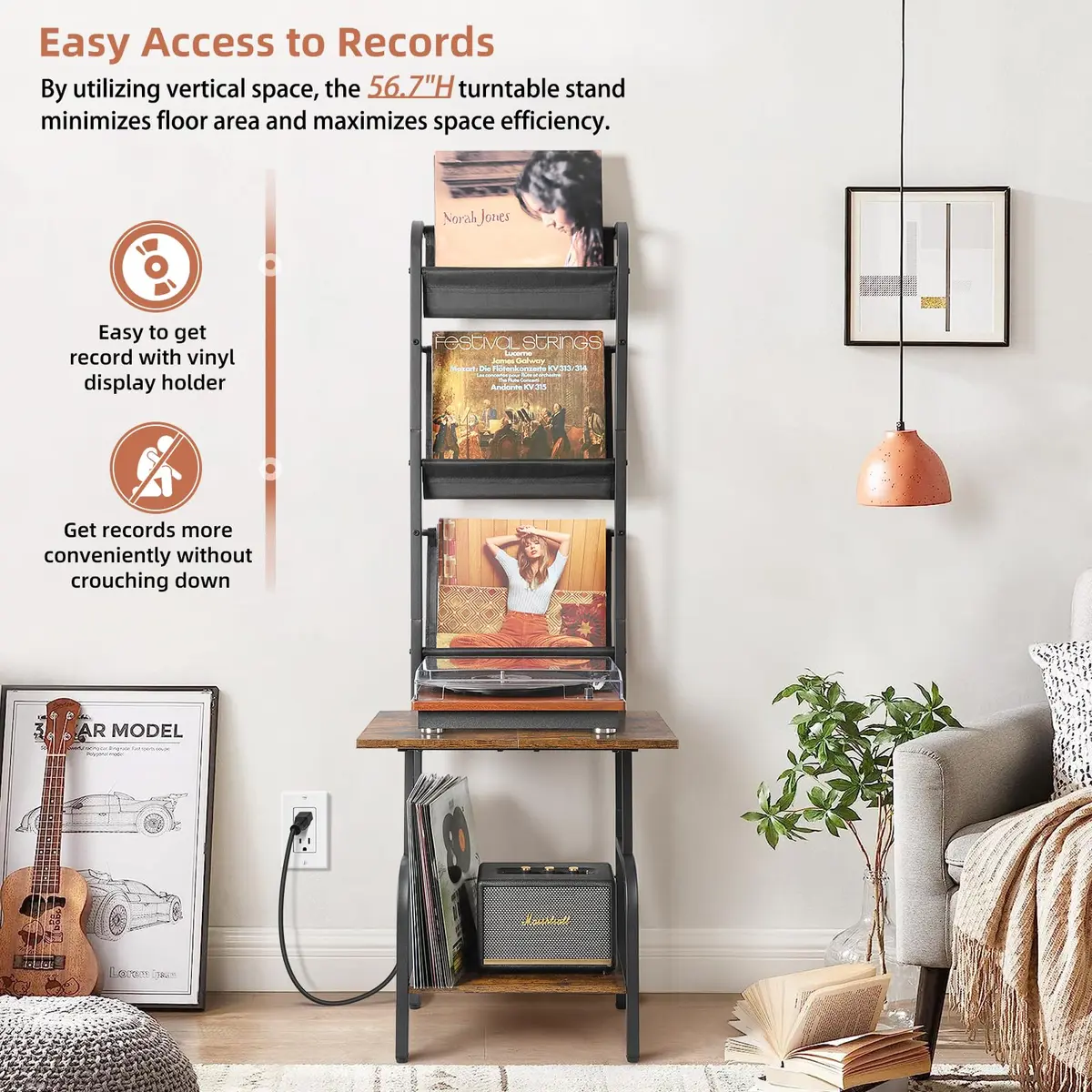 Tewinko Record Player Stand with Vinyl Storage | Vertical Design, Large Countertop, Holds Up to 200 Albums - view 3