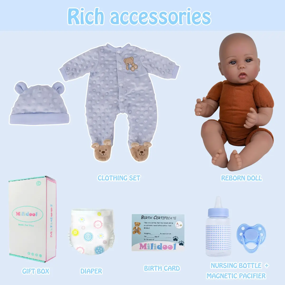 Milidool Black Reborn Baby Doll Aiden 46 cm (18 Inch) | Realistic African American Newborn Boy Doll with Bear Clothes Gift Set - view 5