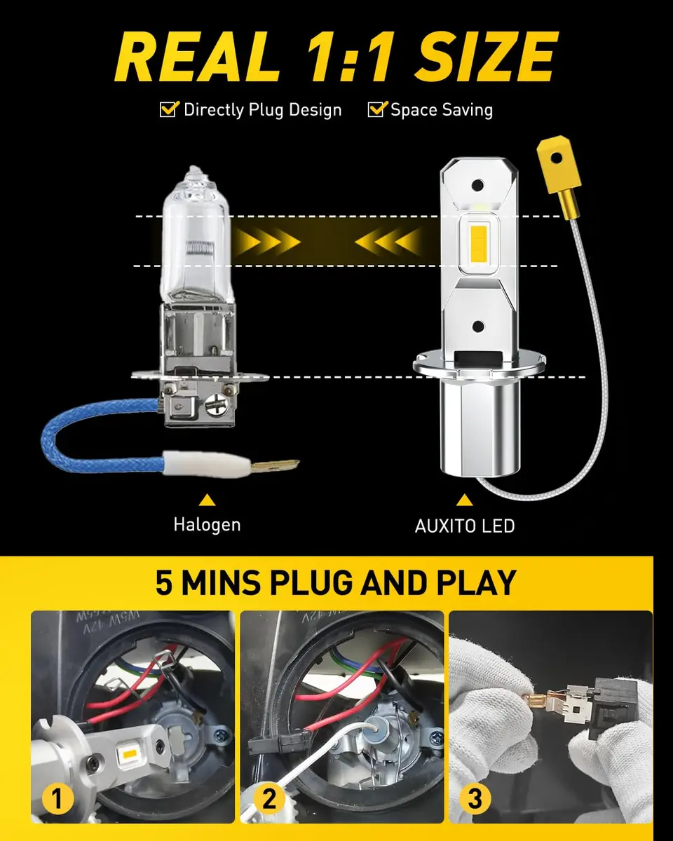 AUXITO H3 LED Bulb Yellow 3000K 16,000LM (Pack of 2) | Super Bright Fog Light Upgrade - view 4
