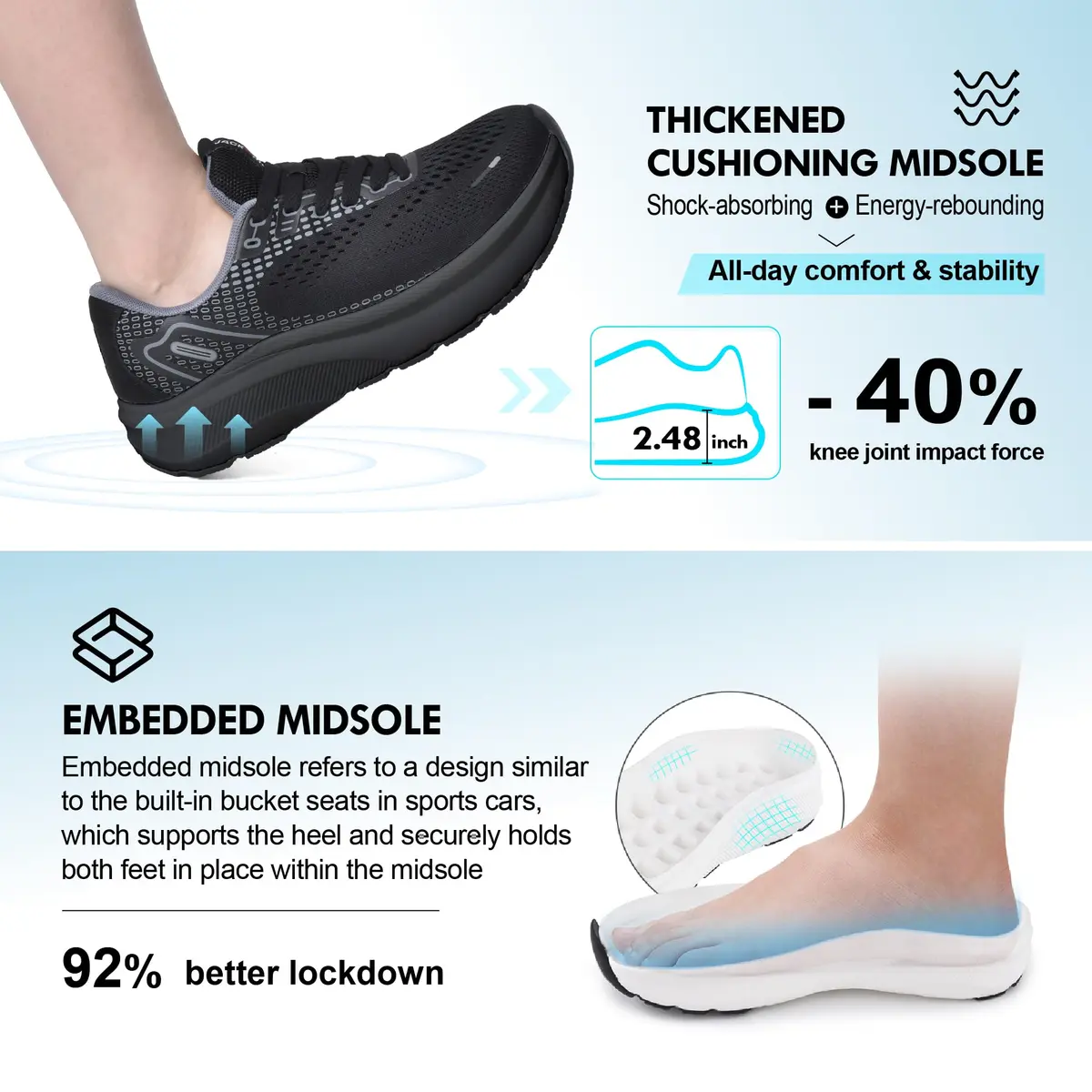 JACKSHIBO Wide Toe Box Shoes Women Arch Support Wide Sneakers for Running Walking Athletic Tennis Orthopedic Plantar Fasciitis Workout with Thick Cushion Zero Drop Sole Width Shoes Black - view 7