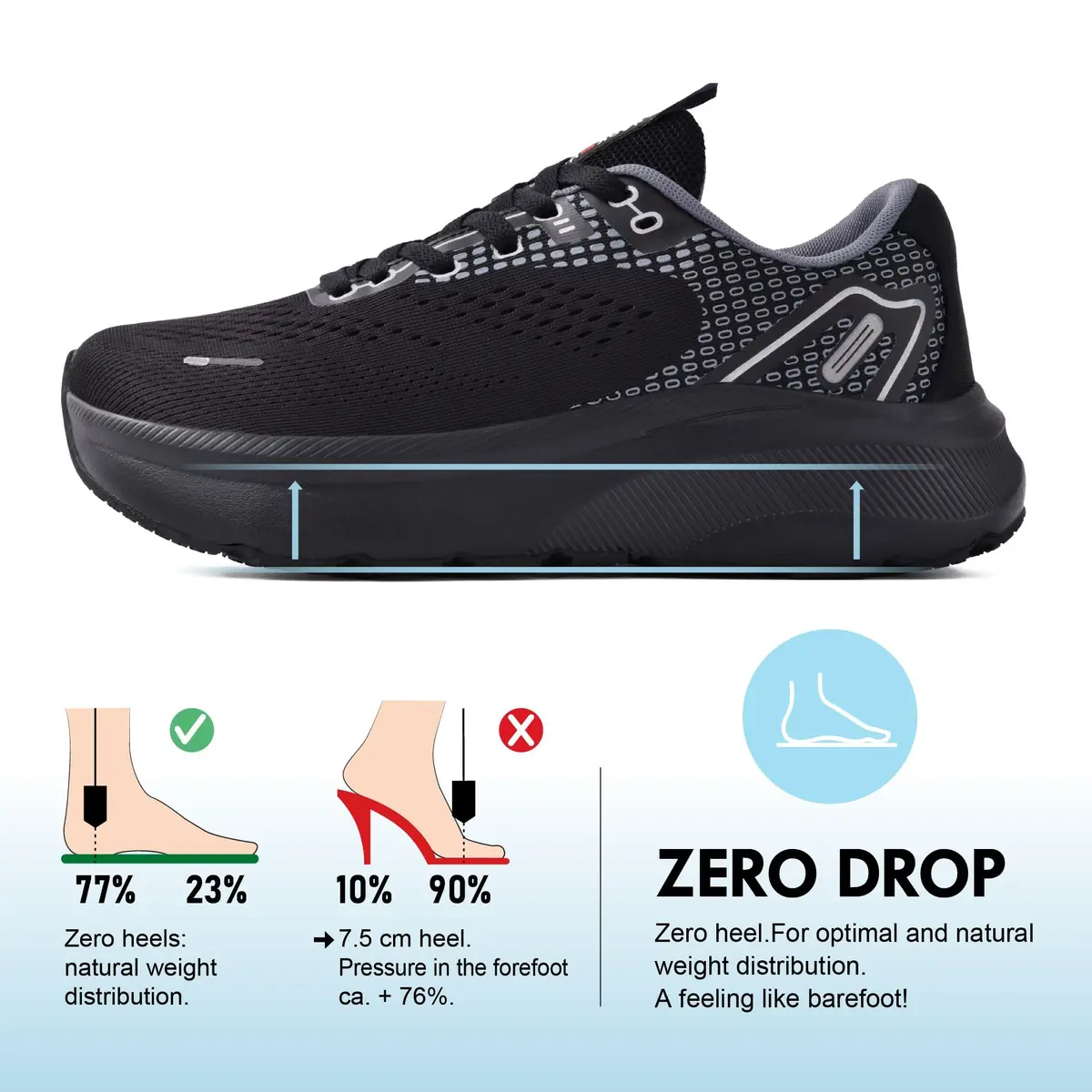 JACKSHIBO Wide Toe Box Shoes Women Arch Support Wide Sneakers for Running Walking Athletic Tennis Orthopedic Plantar Fasciitis Workout with Thick Cushion Zero Drop Sole Width Shoes Black - view 4