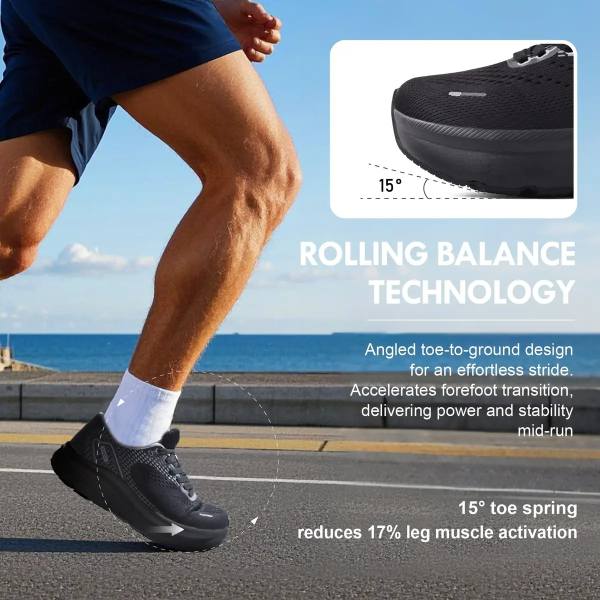 JACKSHIBO Wide Toe Box Shoes for Men Black | Zero Drop, Arch Support, Thick Cushioned Road Running Sneakers (US Men's 11 Wide) - view 6