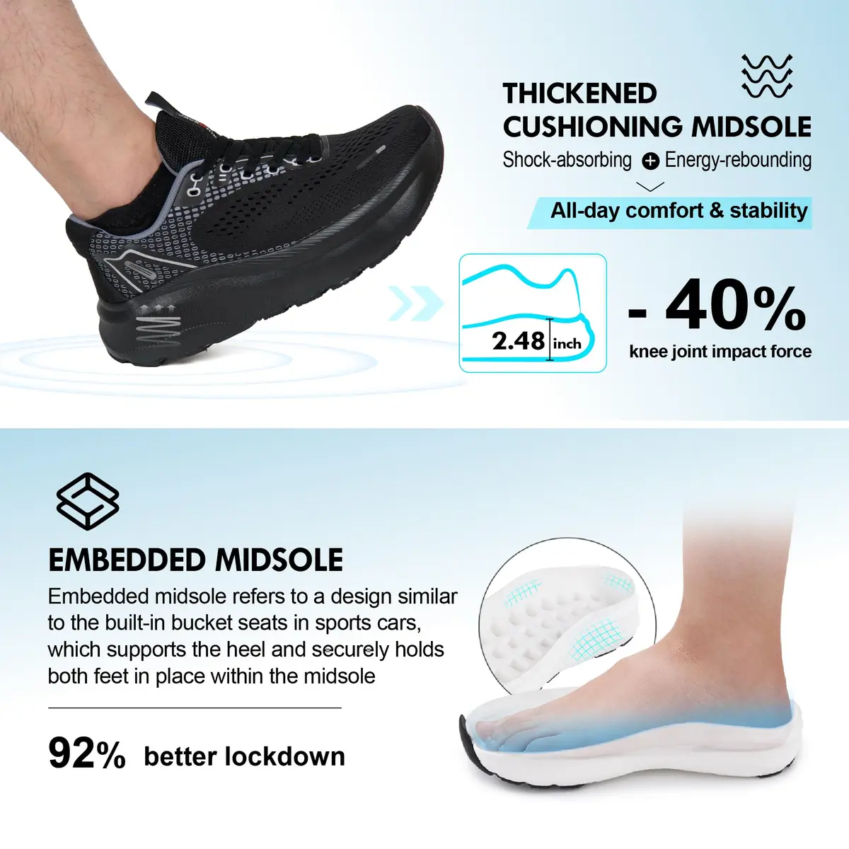 JACKSHIBO Wide Toe Box Shoes for Men Black | Zero Drop, Arch Support, Thick Cushioned Road Running Sneakers (US Men's 11 Wide) - view 7