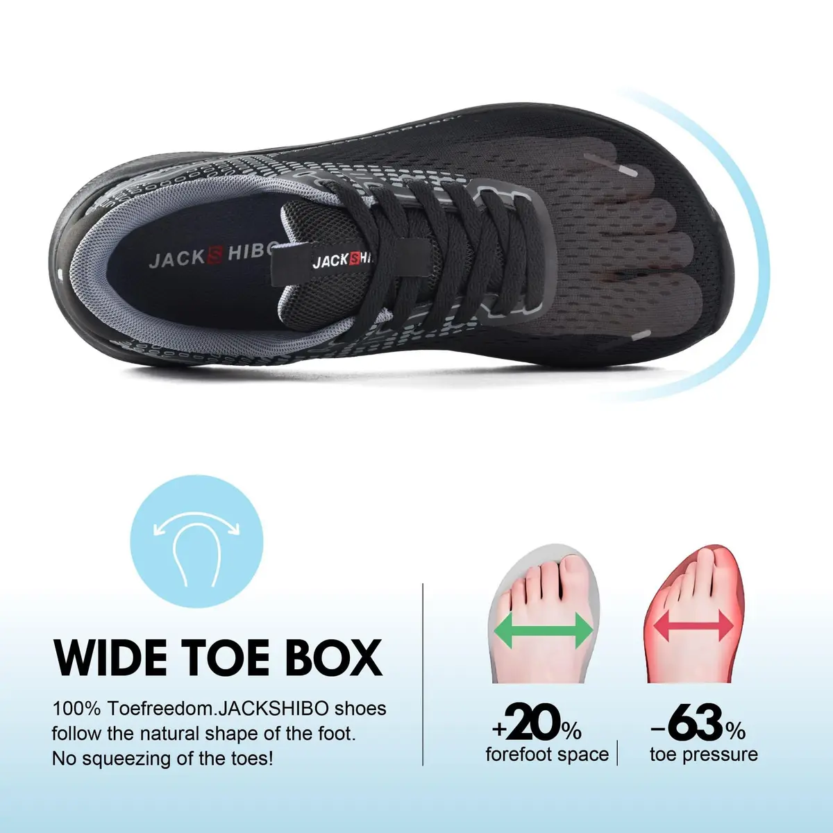 JACKSHIBO Wide Toe Box Shoes for Men Black | Zero Drop, Arch Support, Thick Cushioned Road Running Sneakers (US Men's 11 Wide) - view 3