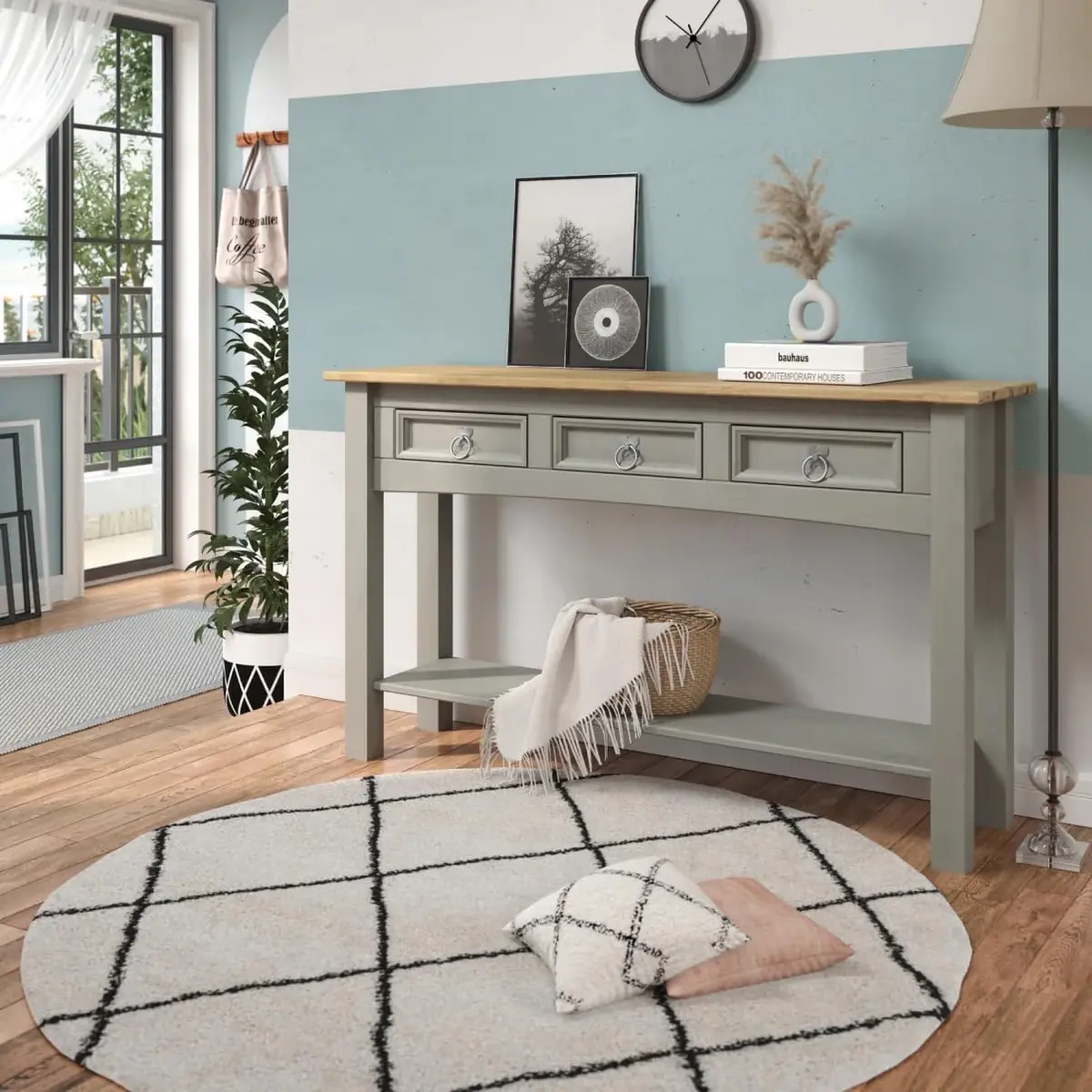 American Furniture Classics Cottage Gray Wood Hall Table Console | Farmhouse Style, Solid Pine, 47.99x12.64x28.82 inches - view 2
