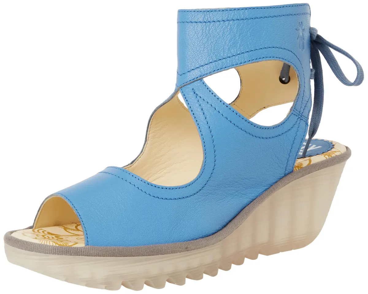 Fly London Women's Yulp571fly Blue Sandal 5.5-6 | Wedge Heel, Peep Toe, Leather - main product image