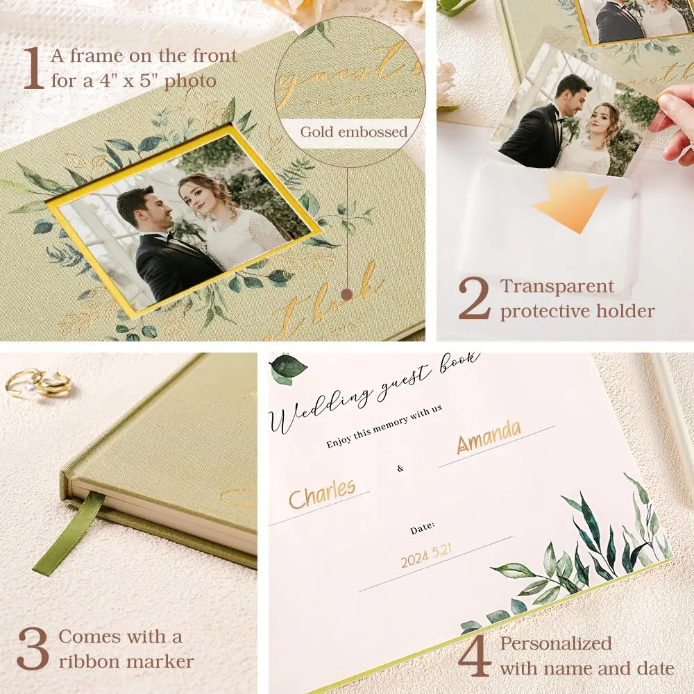 molekaus Wedding Guest Book Hardcover 8" x 10" (20.3 x 25.4 cm) with Photo Frame & 100 Pages | Linen Cover, Ivory Paper - view 2