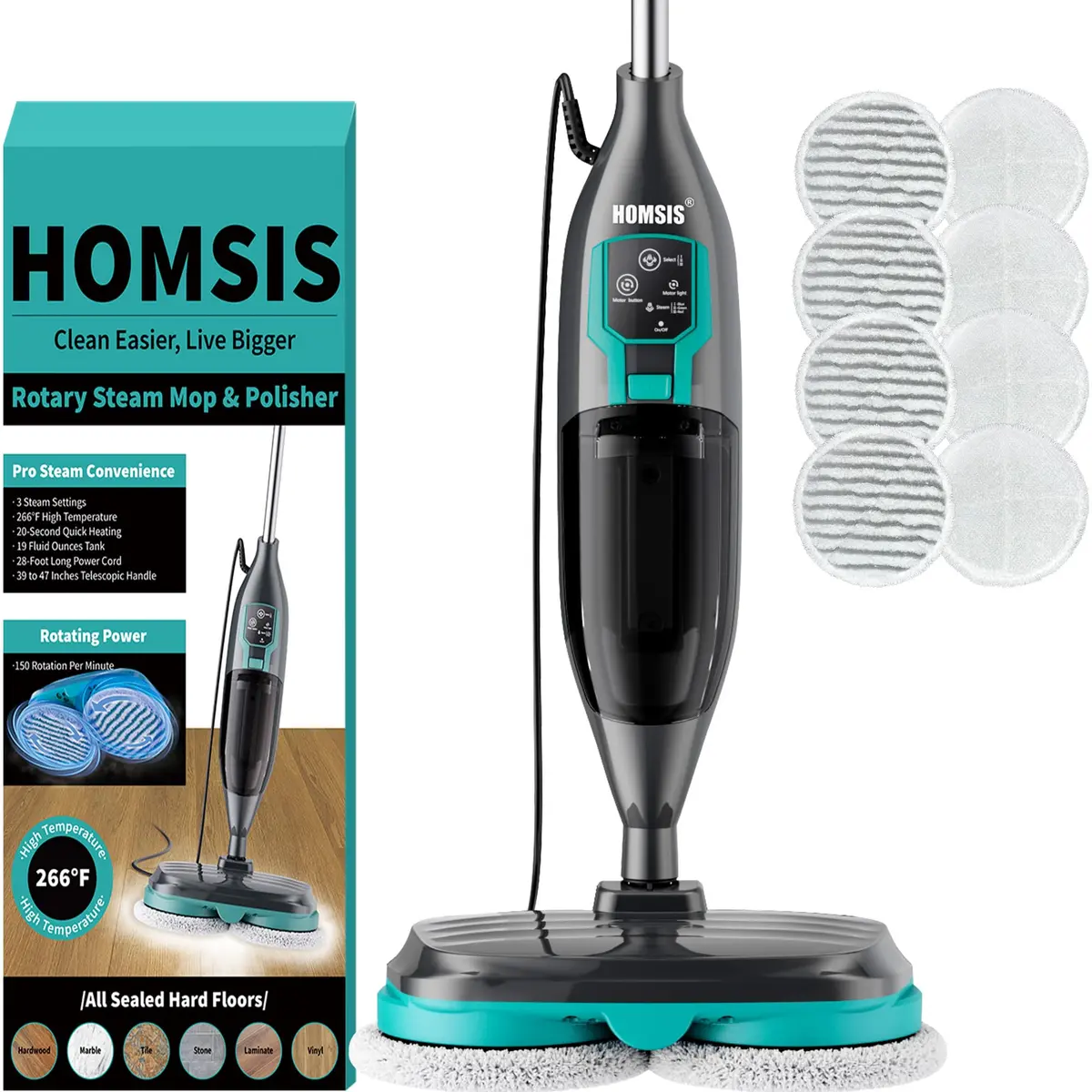 homsis Steam Mop Floor Steamer Scrubber for Hard Surfaces | 266°F Power & Reusable Pads - main product image
