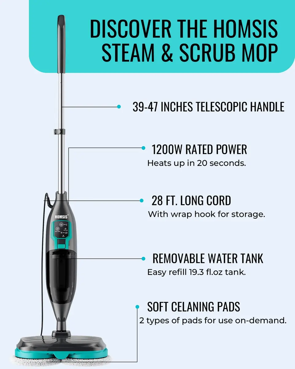 homsis Steam Mop Floor Steamer Scrubber for Hard Surfaces | 266°F Power & Reusable Pads - view 6