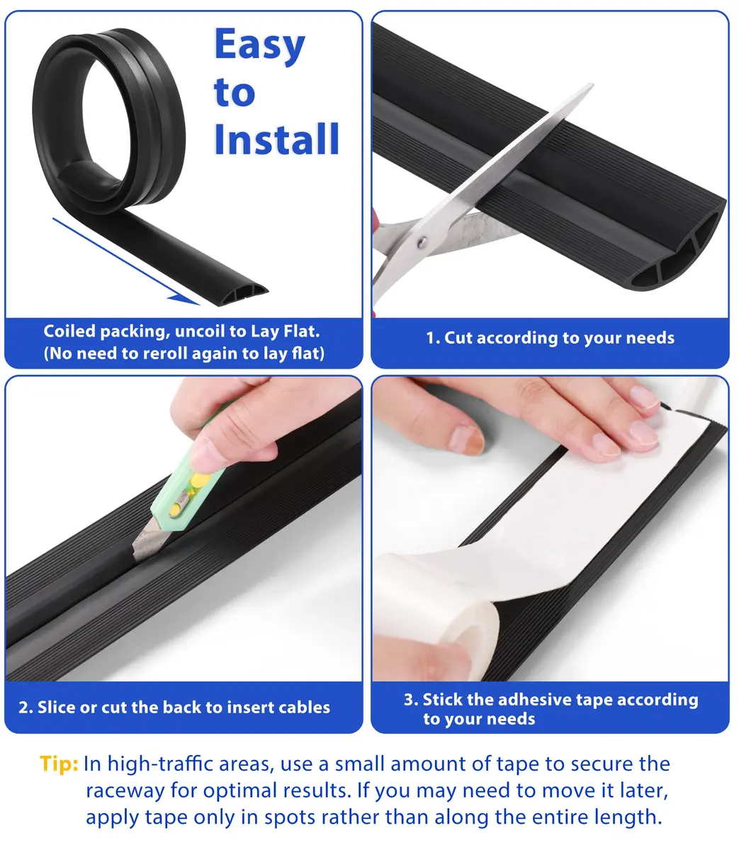 ZhiYo Floor Cord Cover 4ft (1.22m) Black | Hides 1-2 Cables, Prevents Tripping Hazards - view 6