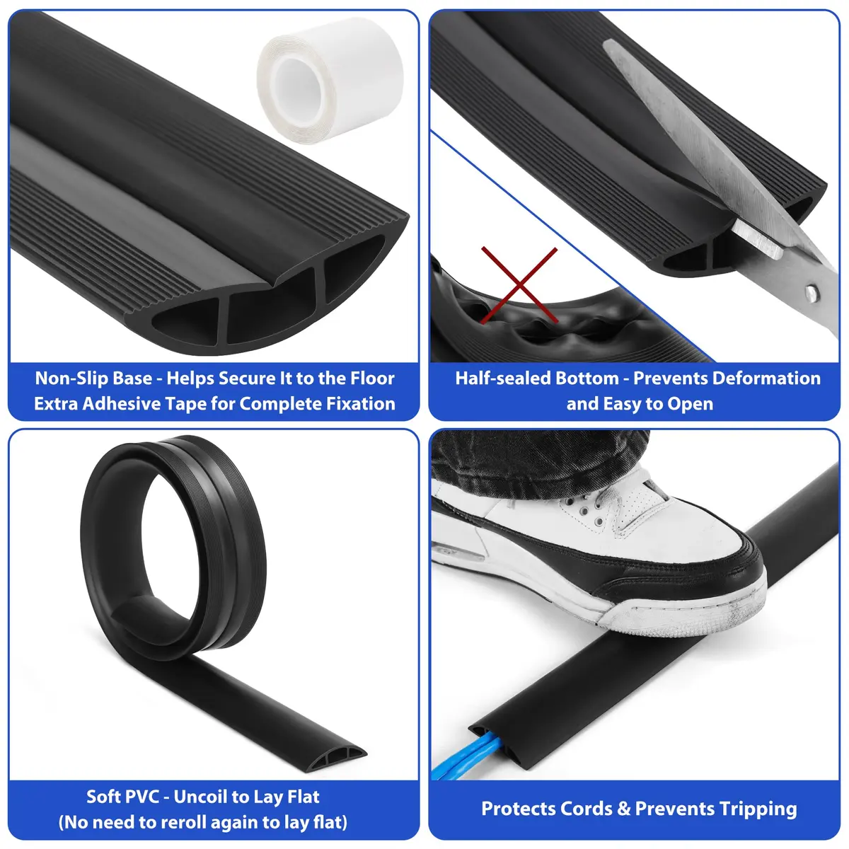 ZhiYo Floor Cord Cover 4ft (1.22m) Black | Hides 1-2 Cables, Prevents Tripping Hazards - view 2