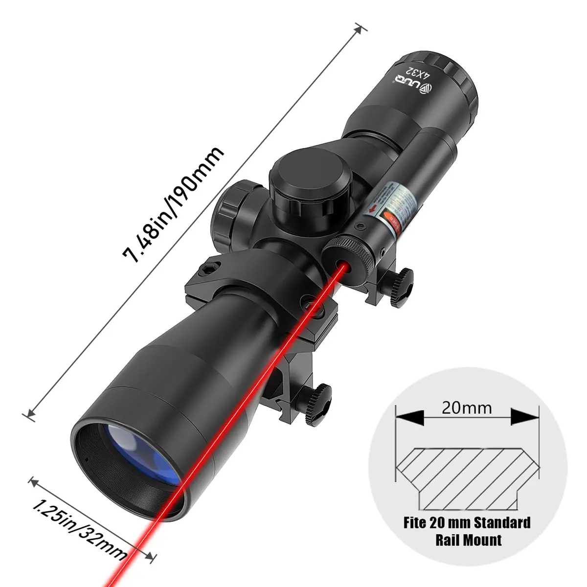 UUQ Tactical 4X32 Compact Rifle Scope with Red Laser | 1" Tube, 32mm Objective, Fog & Shock Resistant - view 2