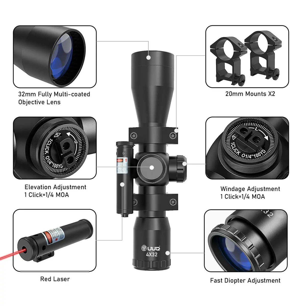UUQ Tactical 4X32 Compact Rifle Scope with Red Laser | 1" Tube, 32mm Objective, Fog & Shock Resistant - view 4