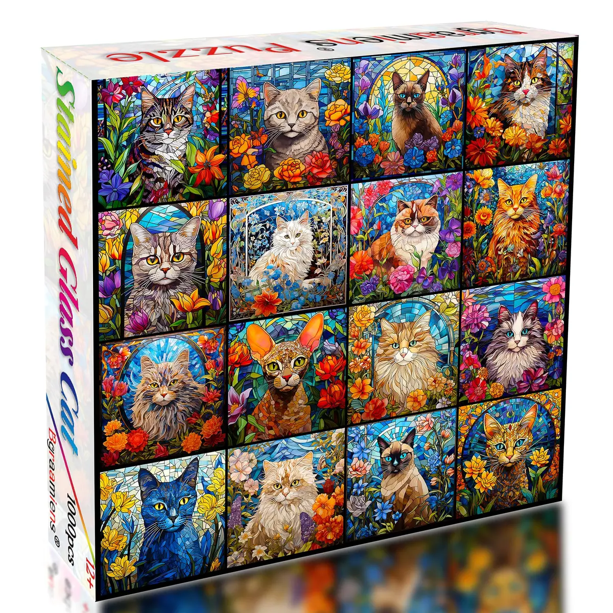Bgraamiens Stained Glass Cat Puzzle 1000 Pieces | 61 cm (24 in) Square, Multicolor Kitten Collage - view 2