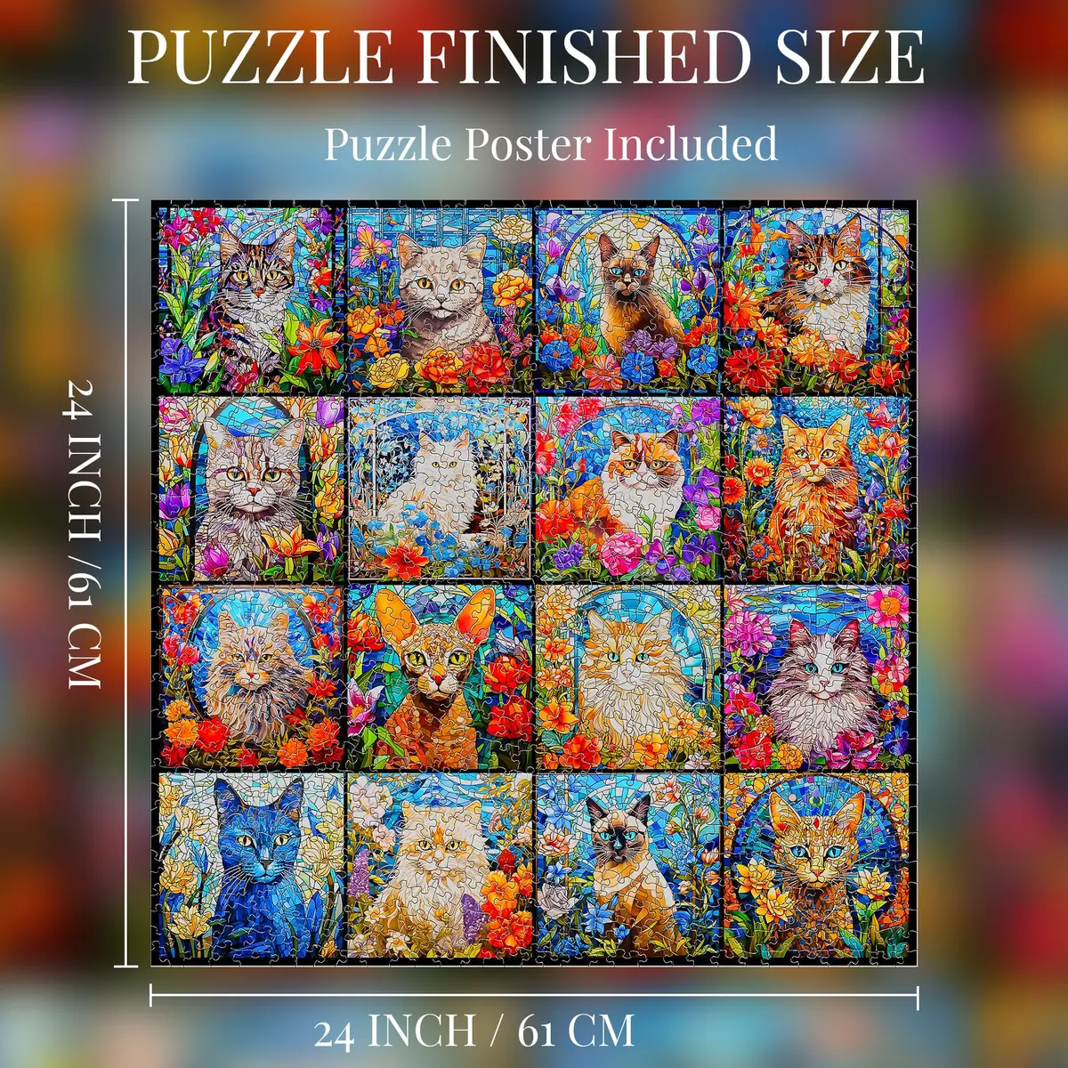 Bgraamiens Stained Glass Cat Puzzle 1000 Pieces | 61 cm (24 in) Square, Multicolor Kitten Collage - view 3