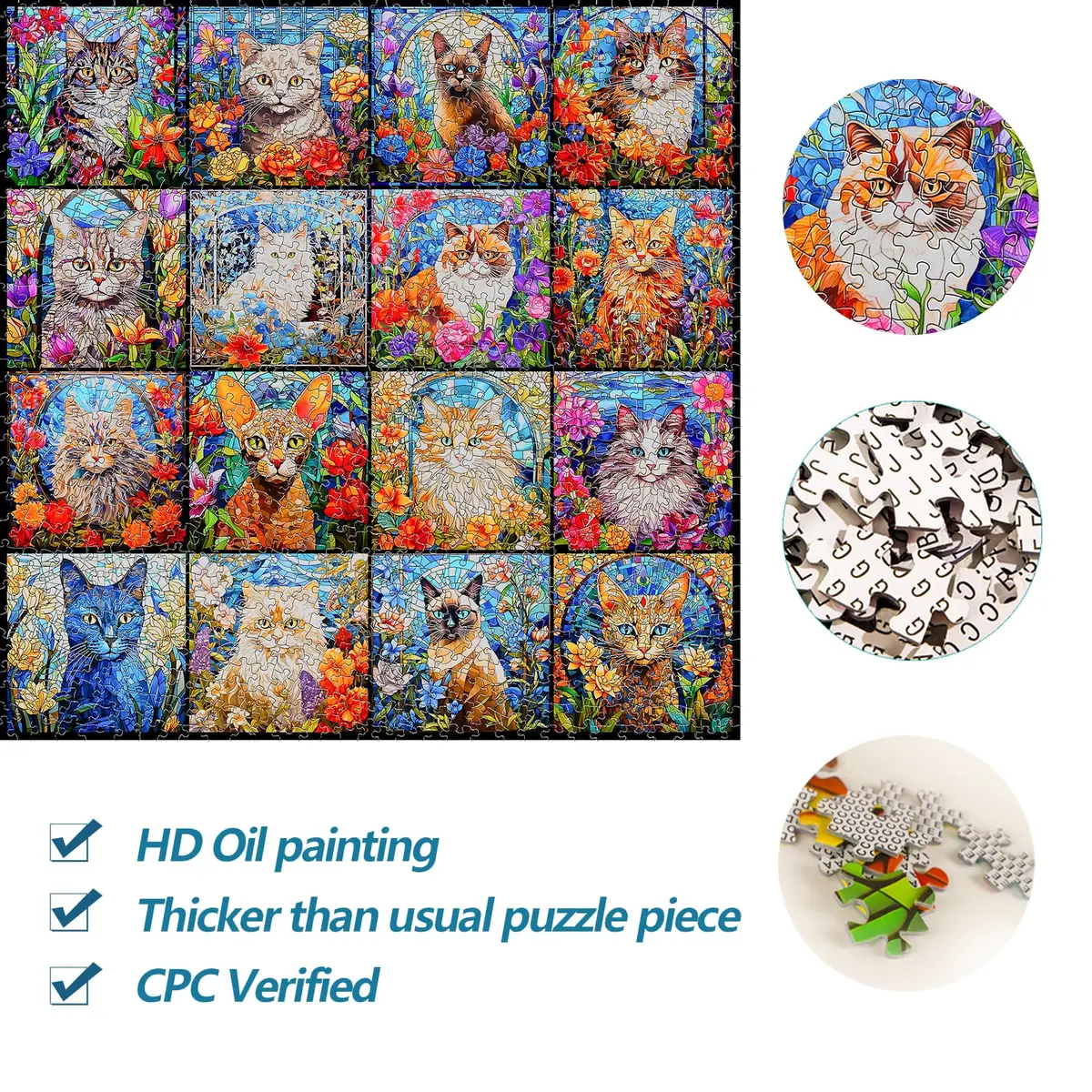 Bgraamiens Stained Glass Cat Puzzle 1000 Pieces | 61 cm (24 in) Square, Multicolor Kitten Collage - view 4