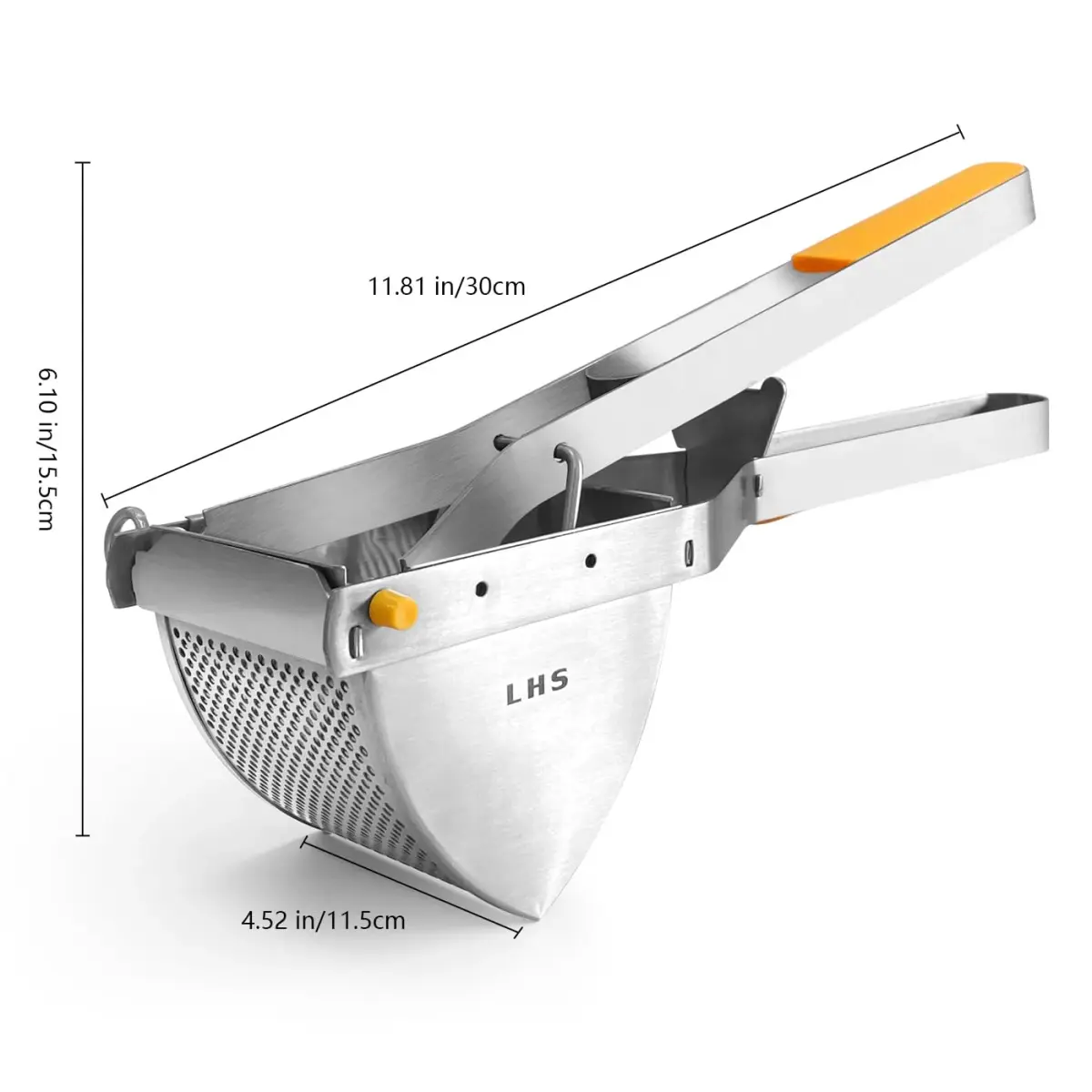 LHS Stainless Steel Potato Ricer and Masher, Heavy Duty Food Masher with Ergonomic Grip, Extra Large Capacity, Dishwasher Safe (Orange) - view 5