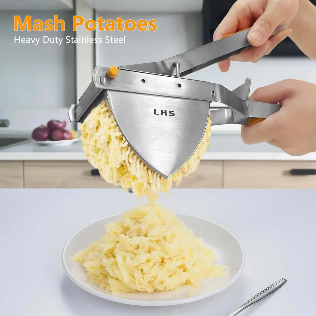 LHS Stainless Steel Potato Ricer and Masher, Heavy Duty Food Masher with Ergonomic Grip, Extra Large Capacity, Dishwasher Safe (Orange) - view 2