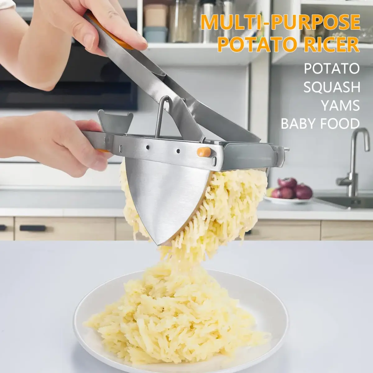 LHS Stainless Steel Potato Ricer and Masher, Heavy Duty Food Masher with Ergonomic Grip, Extra Large Capacity, Dishwasher Safe (Orange) - view 3