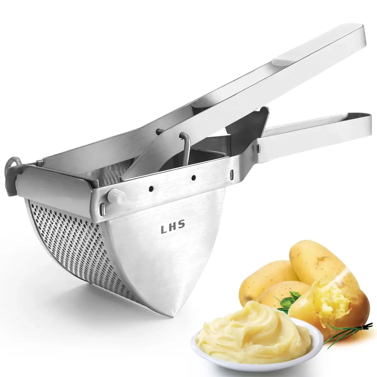 LHS Stainless Steel Potato Ricer and Masher, Heavy Duty Food Masher with Ergonomic Grip, Extra Large Capacity, Dishwasher Safe (White) | 680g (1.5 lb) - main product image