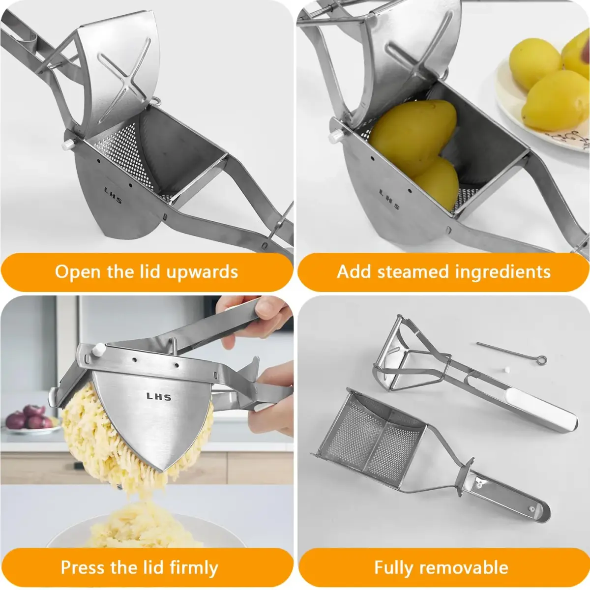 LHS Stainless Steel Potato Ricer and Masher, Heavy Duty Food Masher with Ergonomic Grip, Extra Large Capacity, Dishwasher Safe (White) | 680g (1.5 lb) - view 5
