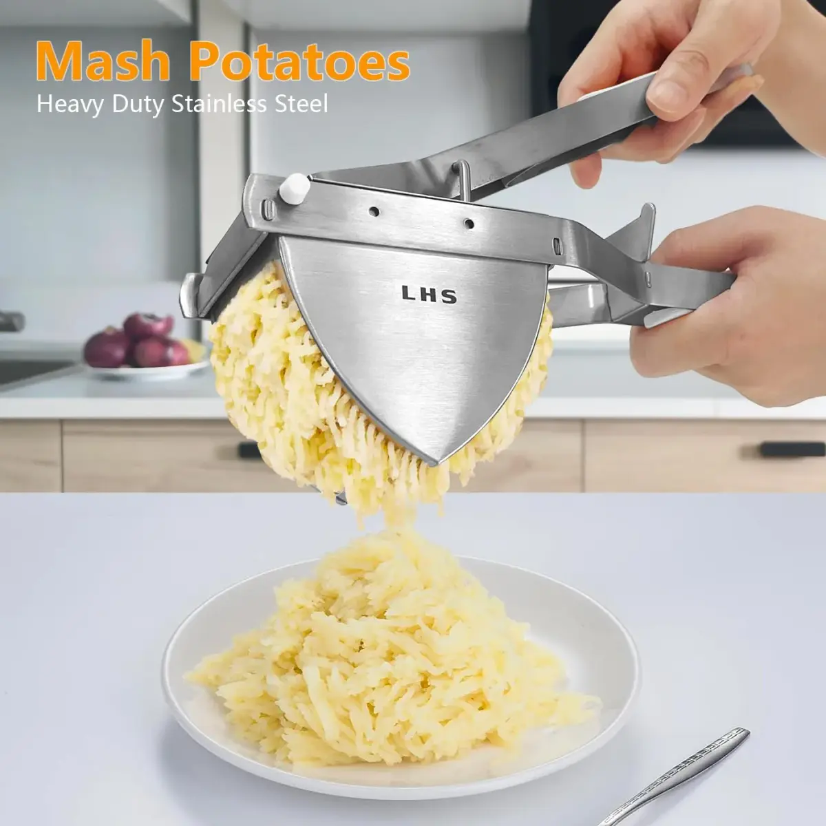LHS Stainless Steel Potato Ricer and Masher, Heavy Duty Food Masher with Ergonomic Grip, Extra Large Capacity, Dishwasher Safe (White) | 680g (1.5 lb) - view 2