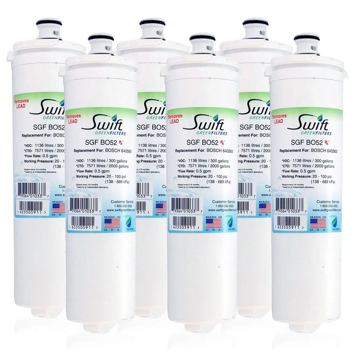 Swift Green Filters SGF-BO52 Rx Compatible Refrigerator Water Filter 6 pack | NSF Certified, 2000-Gallon Capacity, Made in USA - main product image