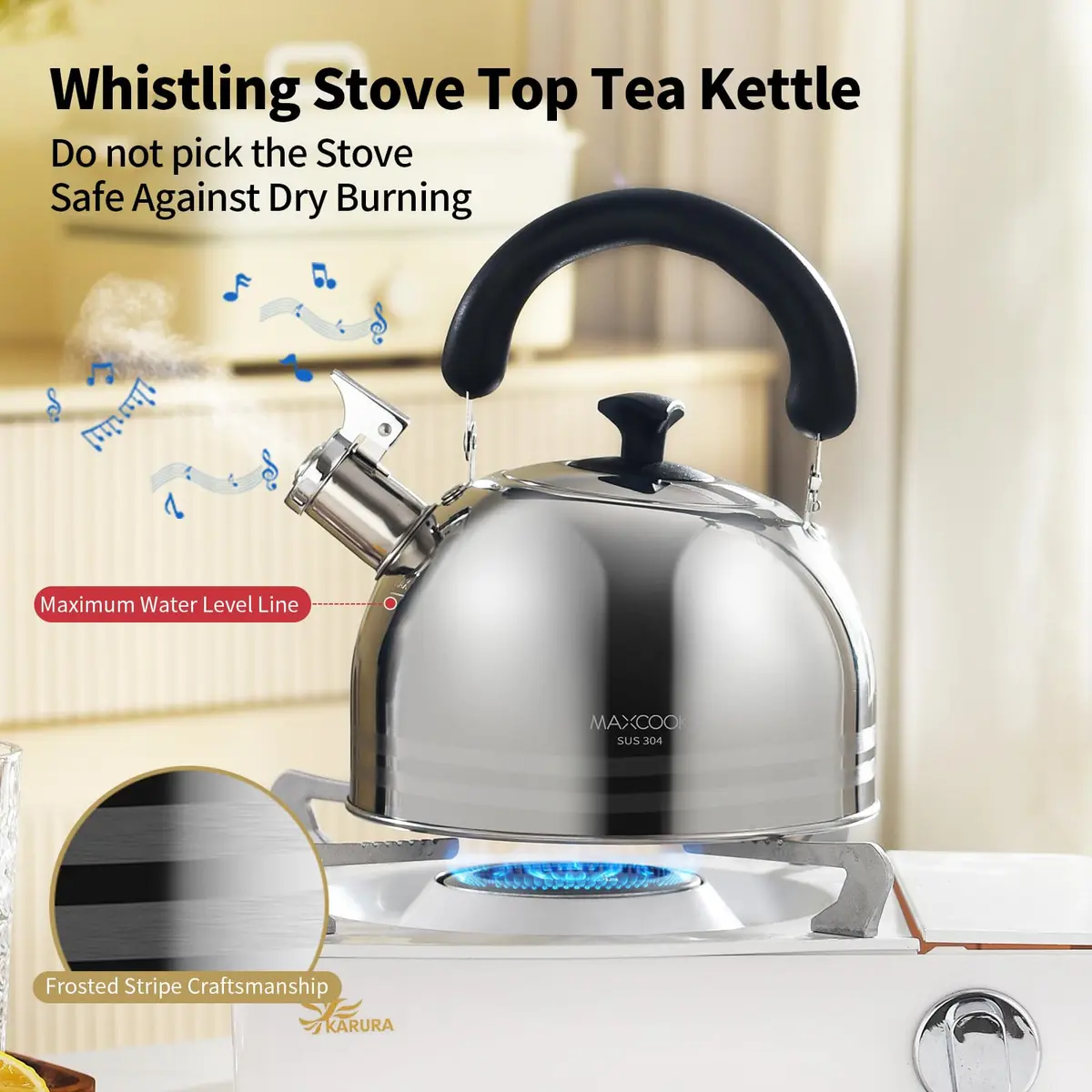 MAXCOOK Whistling Tea Kettle 3L (101.4 Fl Oz) Mirror Polish Stainless Steel Stove Top Kettle with Anti-Heat Handle | Induction Ready - view 5