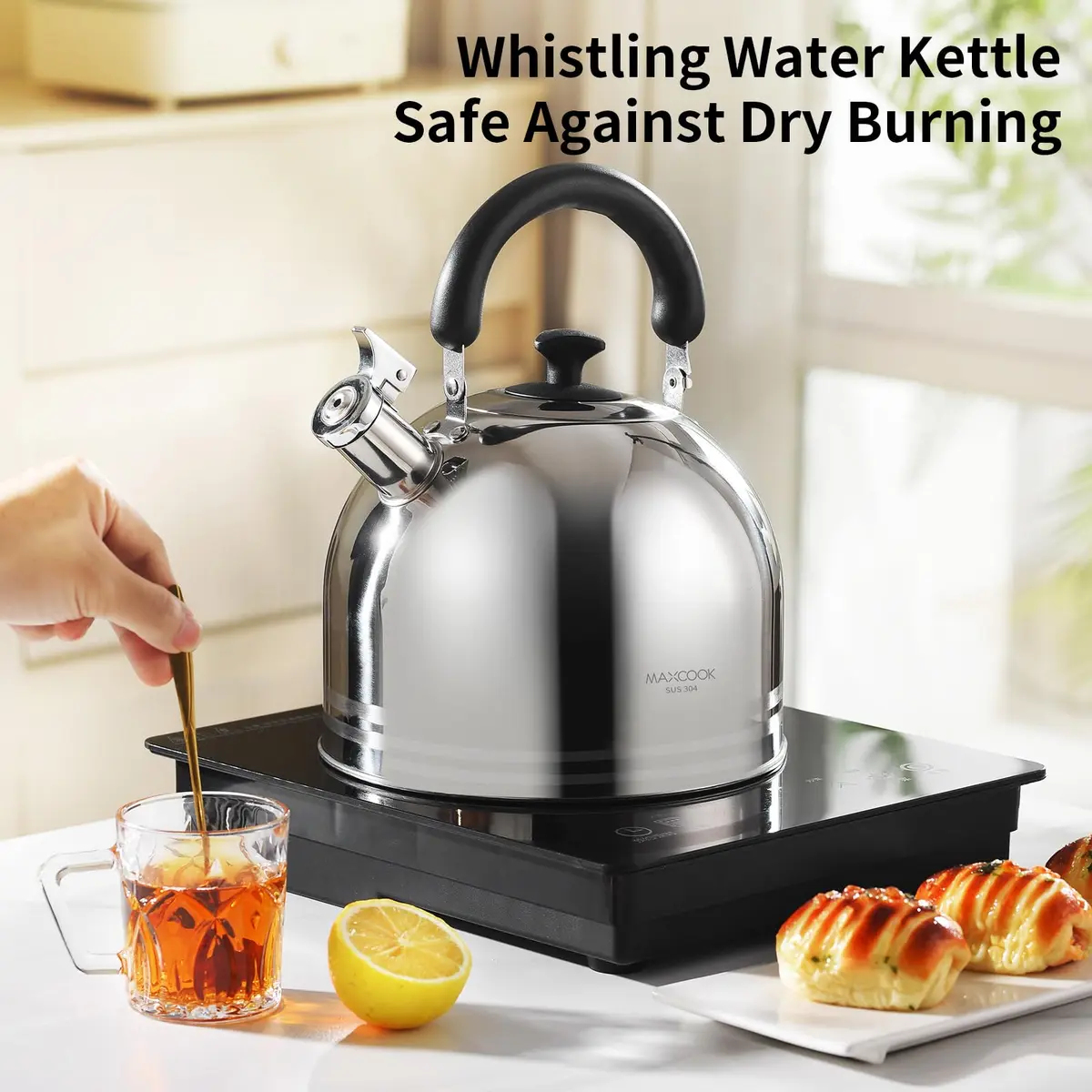MAXCOOK Whistling Tea Kettle 3L (101.4 Fl Oz) Mirror Polish Stainless Steel Stove Top Kettle with Anti-Heat Handle | Induction Ready - view 6