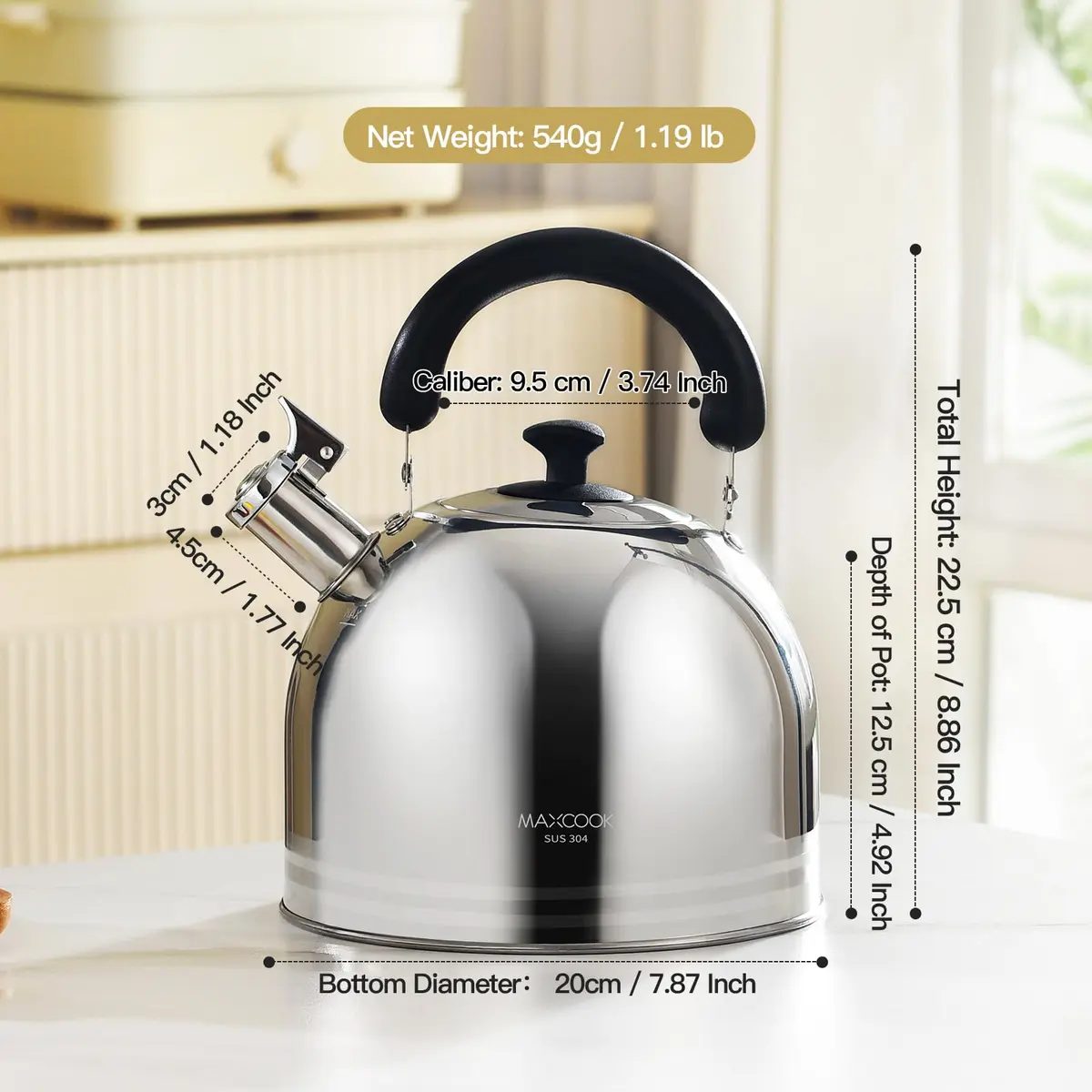 MAXCOOK Whistling Tea Kettle 3L (101.4 Fl Oz) Mirror Polish Stainless Steel Stove Top Kettle with Anti-Heat Handle | Induction Ready - view 2