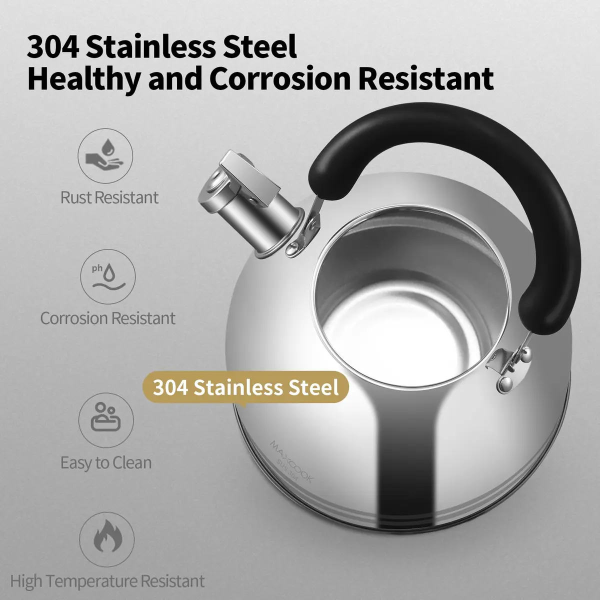 MAXCOOK Whistling Tea Kettle 3L (101.4 Fl Oz) Mirror Polish Stainless Steel Stove Top Kettle with Anti-Heat Handle | Induction Ready - view 3