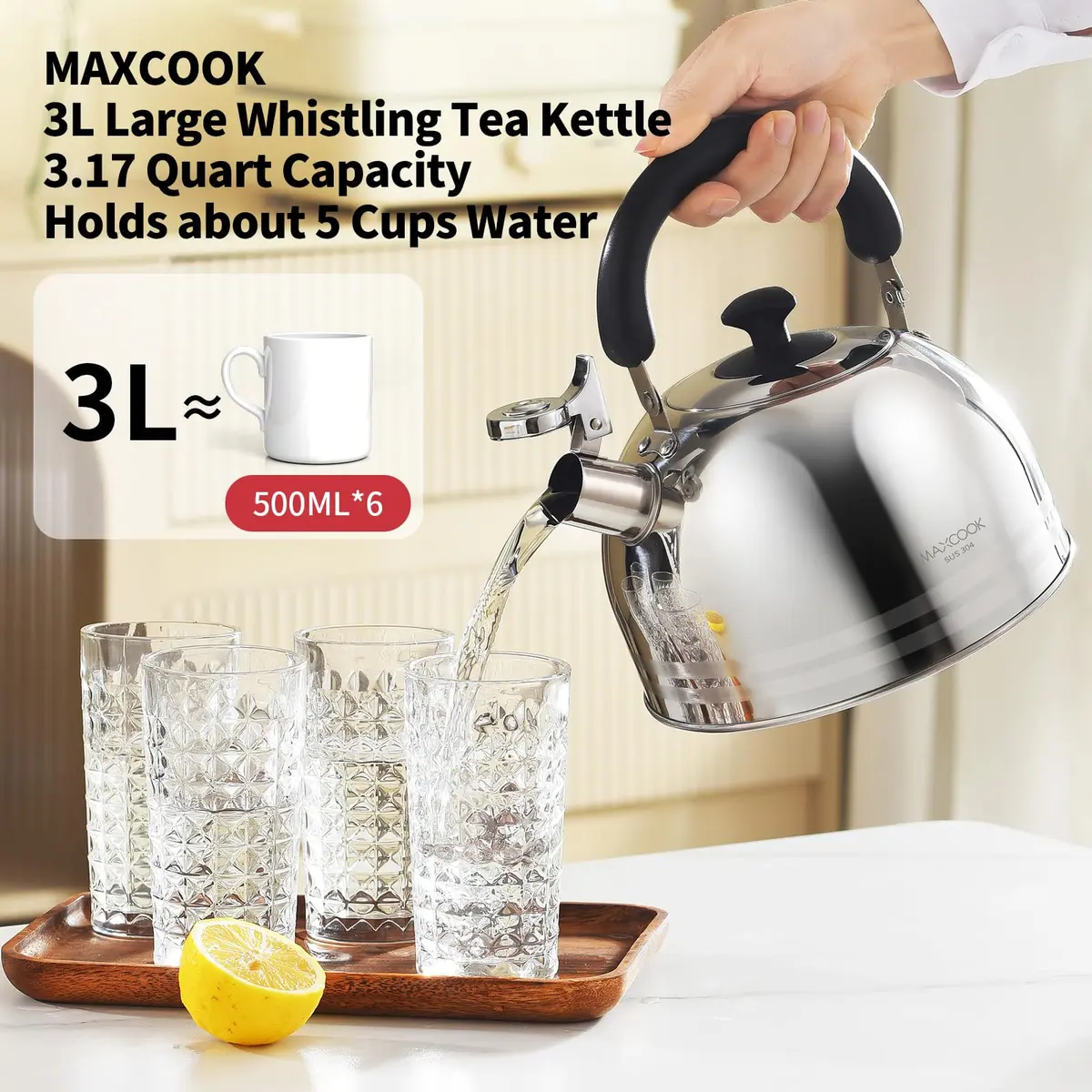 MAXCOOK Whistling Tea Kettle 3L (101.4 Fl Oz) Mirror Polish Stainless Steel Stove Top Kettle with Anti-Heat Handle | Induction Ready - view 4