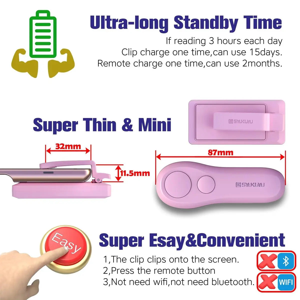 SK SYUKUYU RF Remote Page Turner for Kindle, iPad, Tablets & Phones | Pink, 30m Range - view 3