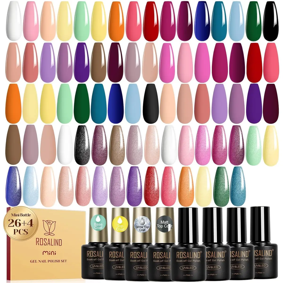 ROSALIND 30pcs Gel Nail Polish Set with Base and Gel Top Coat, 5.1 fl oz (156ml) | Professional Salon Quality for DIY Manicures - main product image