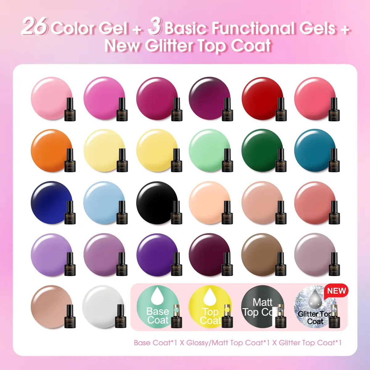 ROSALIND 30pcs Gel Nail Polish Set with Base and Gel Top Coat, 5.1 fl oz (156ml) | Professional Salon Quality for DIY Manicures - view 3