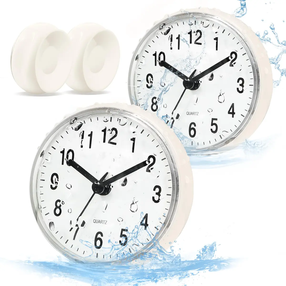 Betus Waterproof Bathroom Shower Clock with Large Suction Cup - Silent, Water Proof, Battery Operated Wall Clock for Toilet, Kitchen, Bedroom (White, 2-Pack) - main product image
