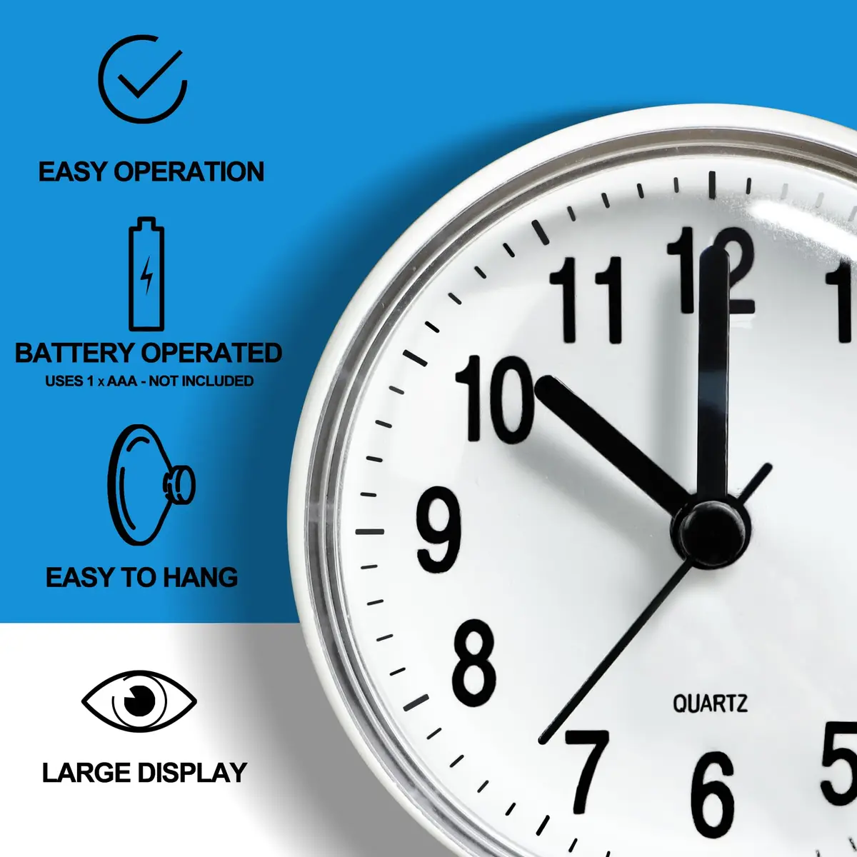 Betus Waterproof Bathroom Shower Clock with Large Suction Cup - Silent, Water Proof, Battery Operated Wall Clock for Toilet, Kitchen, Bedroom (White, 2-Pack) - view 5
