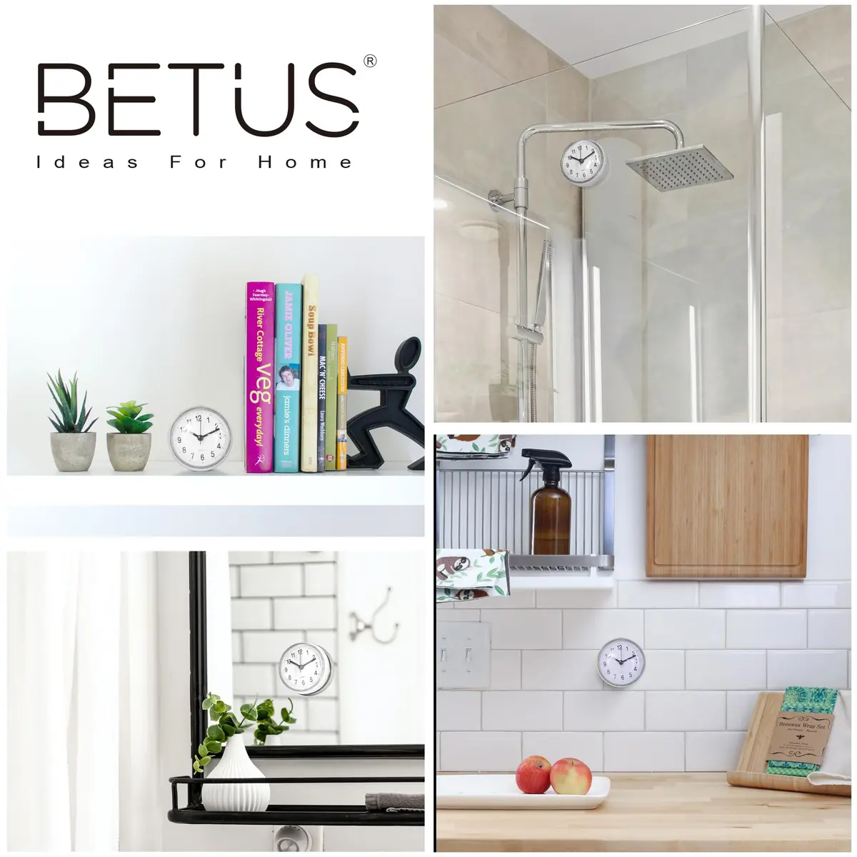 Betus Waterproof Bathroom Shower Clock with Large Suction Cup - Silent, Water Proof, Battery Operated Wall Clock for Toilet, Kitchen, Bedroom (White, 2-Pack) - view 6