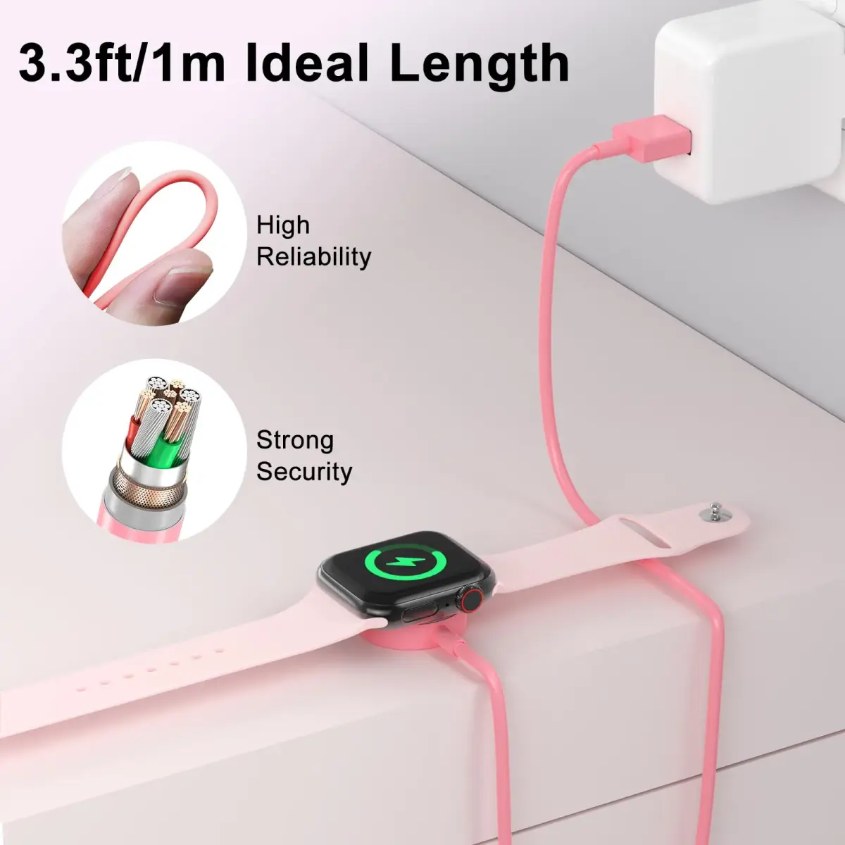 Amasuki Pink Magnetic Fast Charging Cable for Apple Watch | 1m (3.3ft) USB-A - view 5