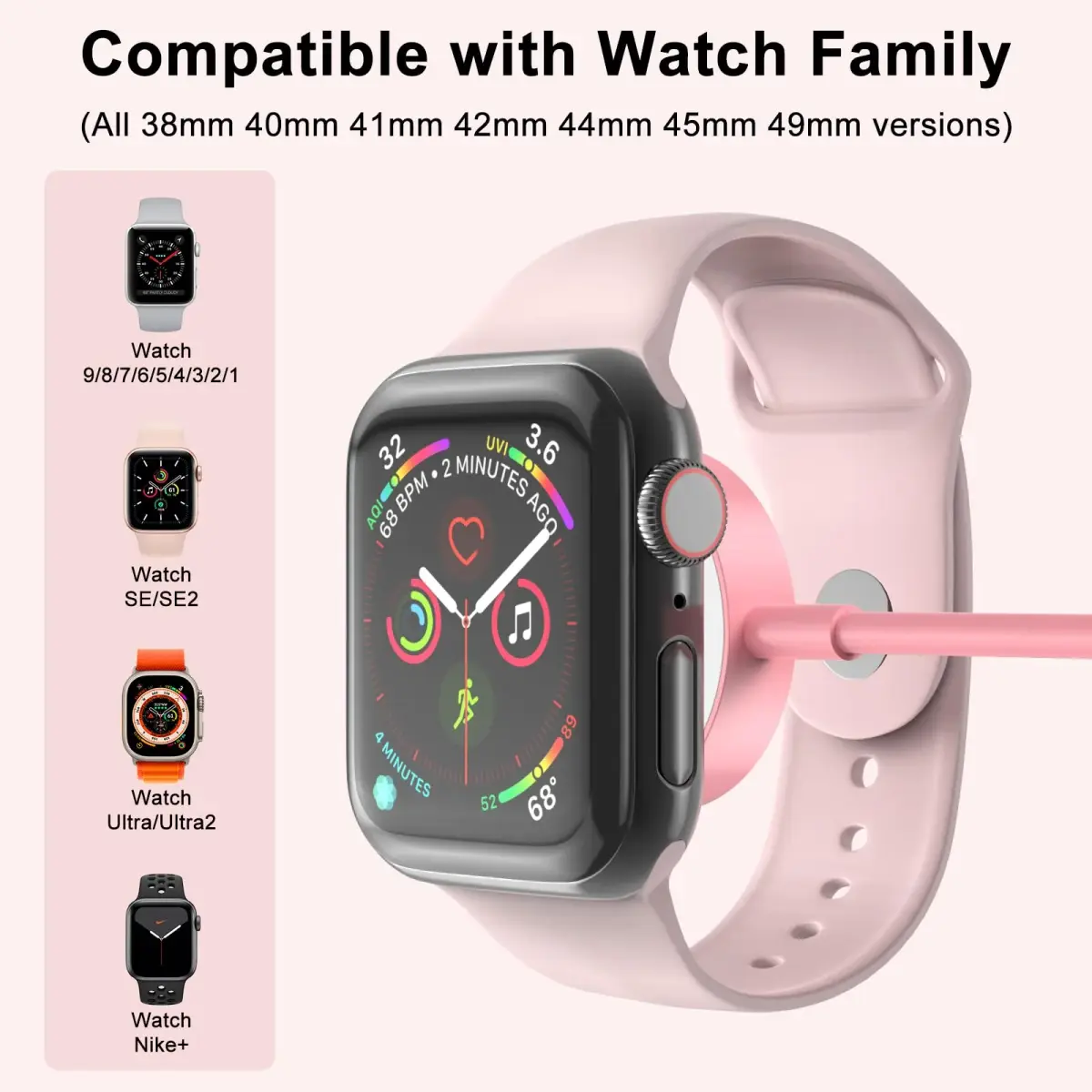 Amasuki Pink Magnetic Fast Charging Cable for Apple Watch | 1m (3.3ft) USB-A - view 2