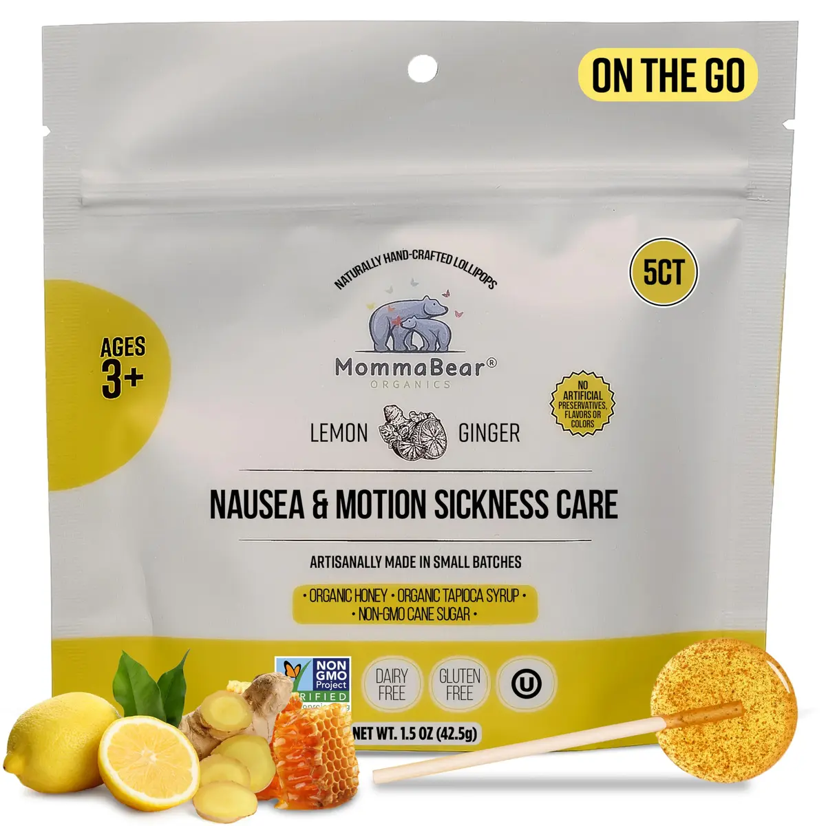 MommaBear Nausea & Motion Sickness Lollipops 5 Pack | Organic Ginger & Lemon Relief for Kids & Adults - main product image