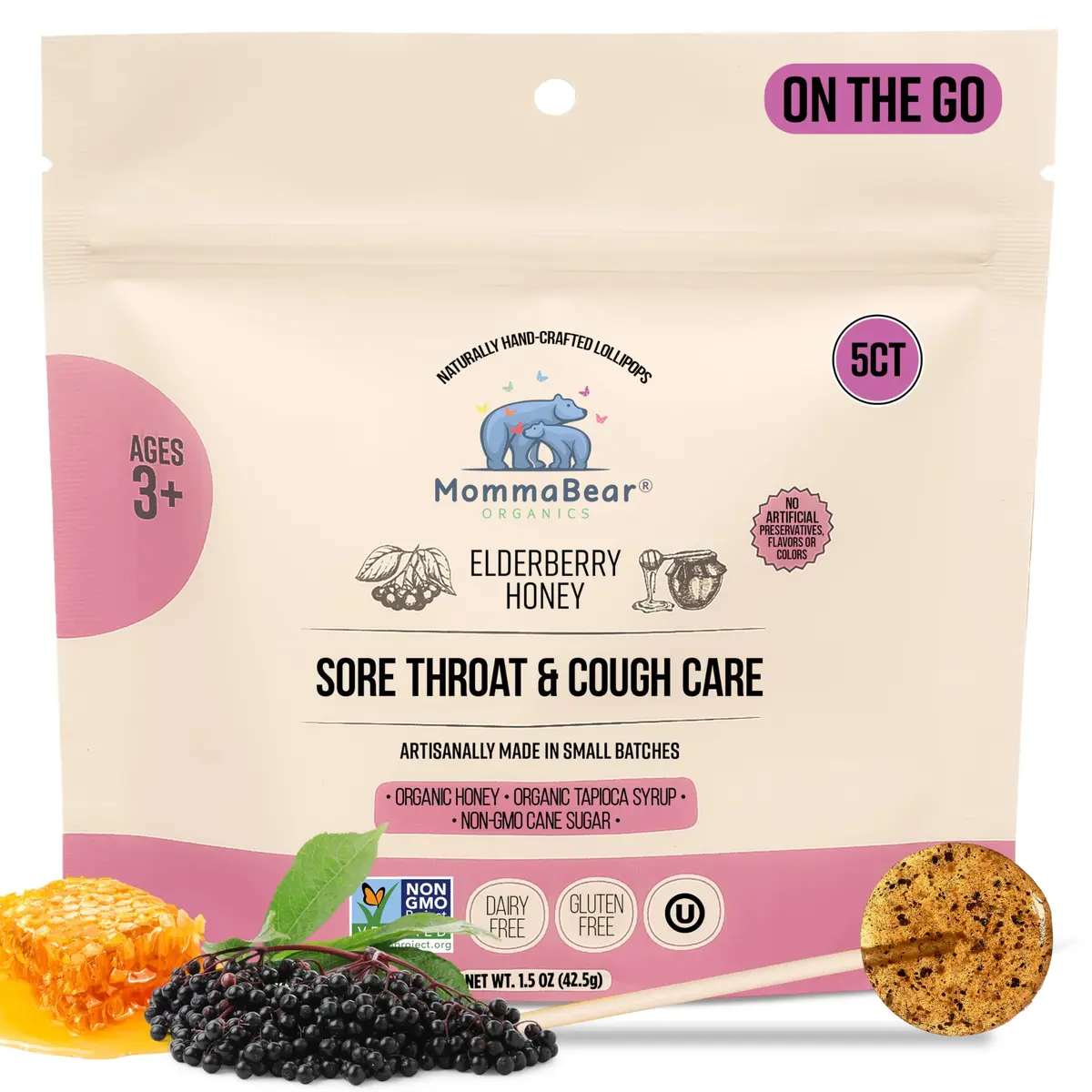MommaBear Organic Kids Cough Lollipops 5pc | Natural Sore Throat Relief & Cough Drop for Kids 3+ - main product image