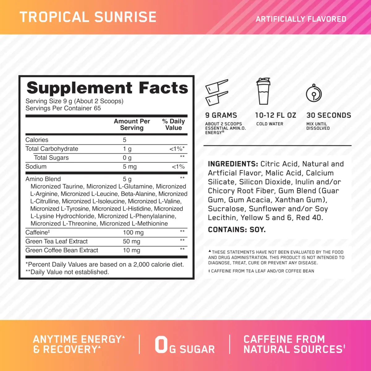 Optimum Nutrition Amino Energy Tropical Sunrise Flavor, 65 Servings (1.29 lb / 584g) | Energy & Recovery Blend - view 2