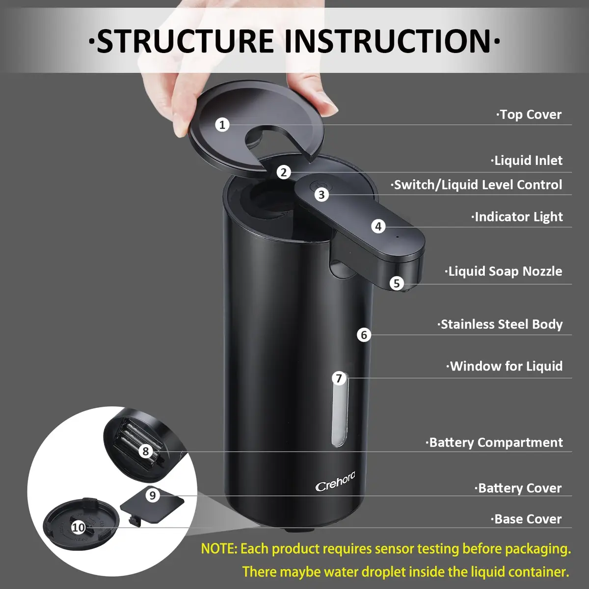 Crehora Automatic Soap Dispenser Touchless, 340ml | Hygienic, Waterproof & Adjustable Volume - view 5