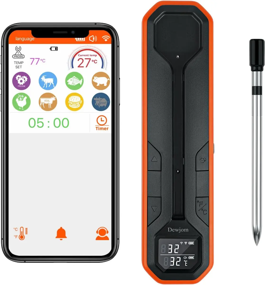 Dewjom Wireless Meat Thermometer – Digital Cooking Thermometer with Wireless Probe – 500Ft Range, App Control, Preprogrammed Temperatures - main product image