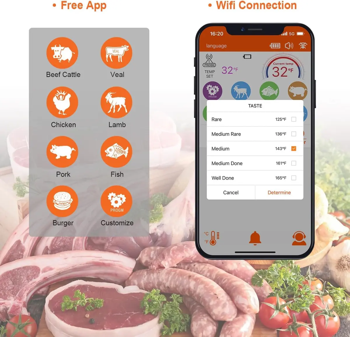 Dewjom Wireless Meat Thermometer – Digital Cooking Thermometer with Wireless Probe – 500Ft Range, App Control, Preprogrammed Temperatures - view 7