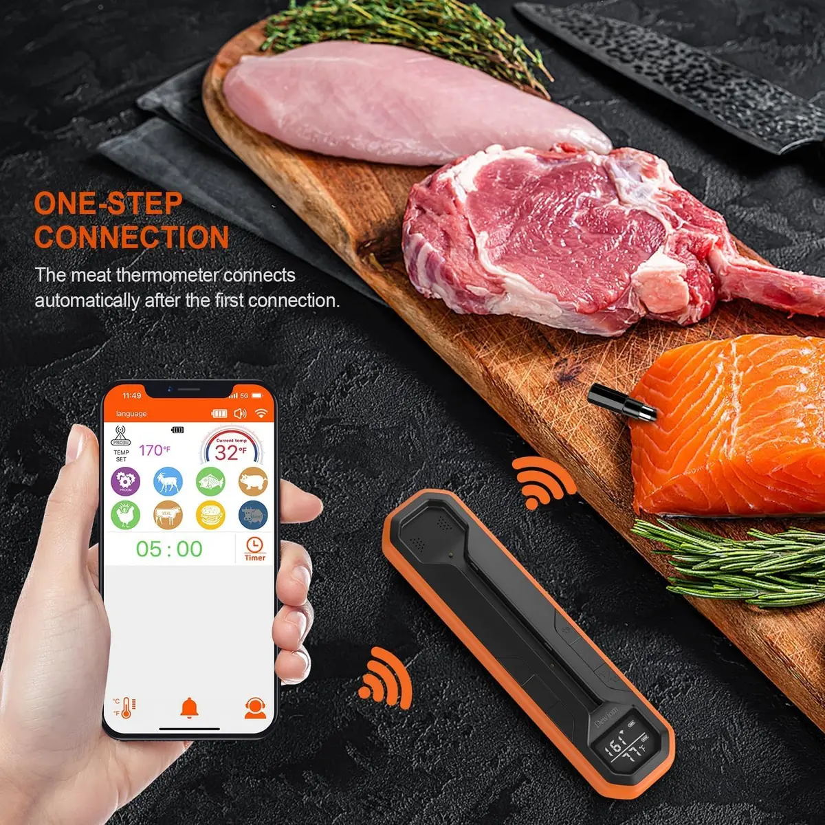 Dewjom Wireless Meat Thermometer – Digital Cooking Thermometer with Wireless Probe – 500Ft Range, App Control, Preprogrammed Temperatures - view 3