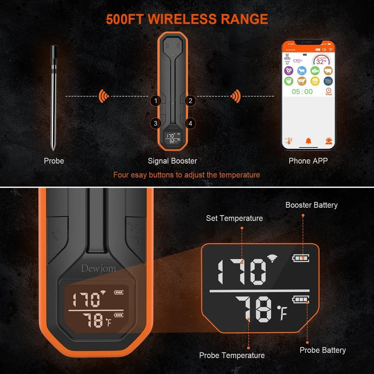 Dewjom Wireless Meat Thermometer – Digital Cooking Thermometer with Wireless Probe – 500Ft Range, App Control, Preprogrammed Temperatures - view 4