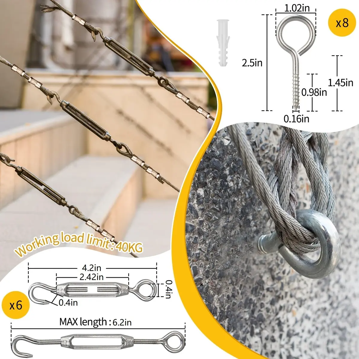 FGBNM 1/16" Wire Rope Kit with Turnbuckles & Eye Screws, 328ft (99.97m) Stainless Steel Cable - view 4